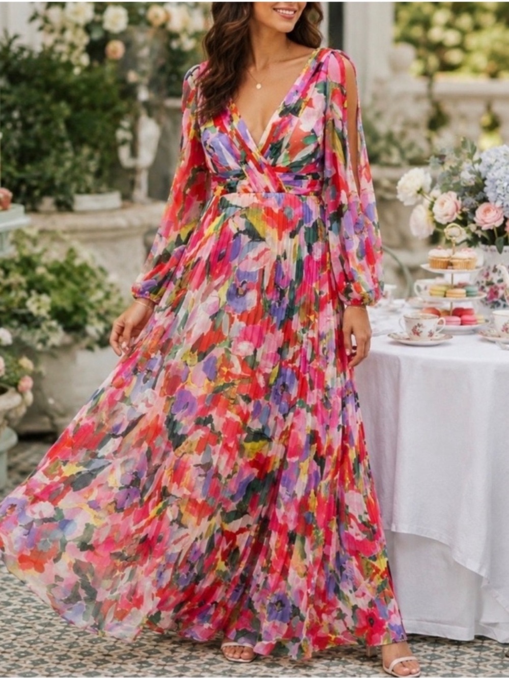 Betsy & Adam Floral Pleated Chiffon Multi-Color V-Neck Maxi Dress NWT